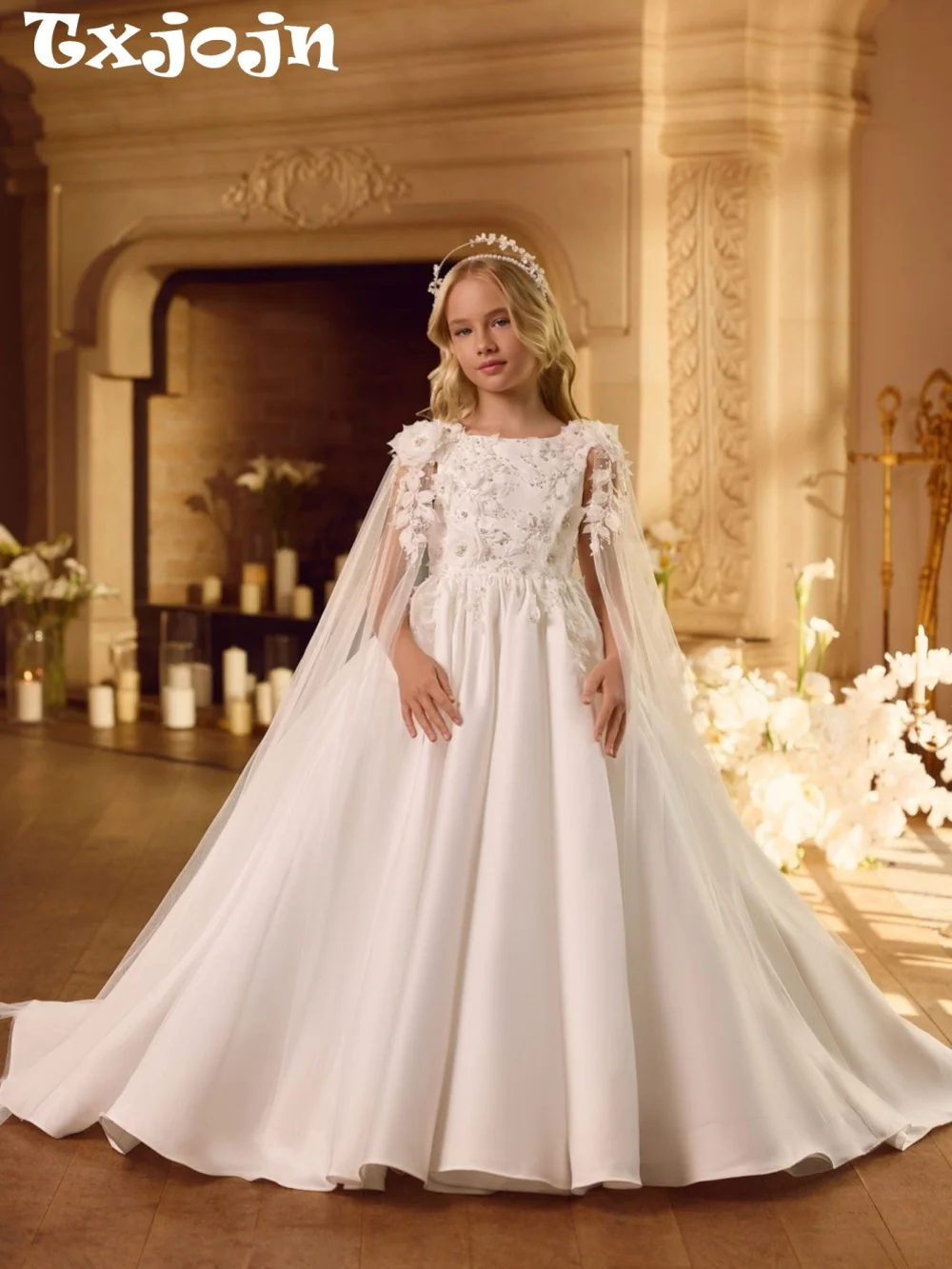 White Lace Flower Girl Dress With Cape Opulent Pearls Satin Princess Gown Kid First Communion Dresses For Wedding Birthday Party