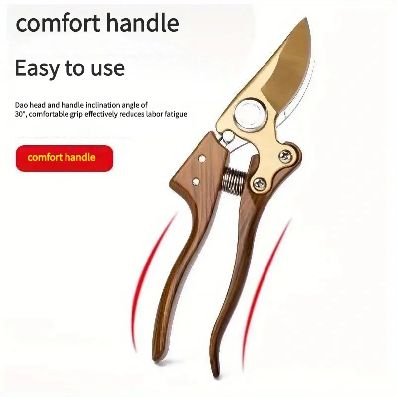 Steel Garden Pruning Shears with Dual-Tone Blade & Wood Grain Handle Modern, Heavy-Duty Handheld Shears Ergonomic