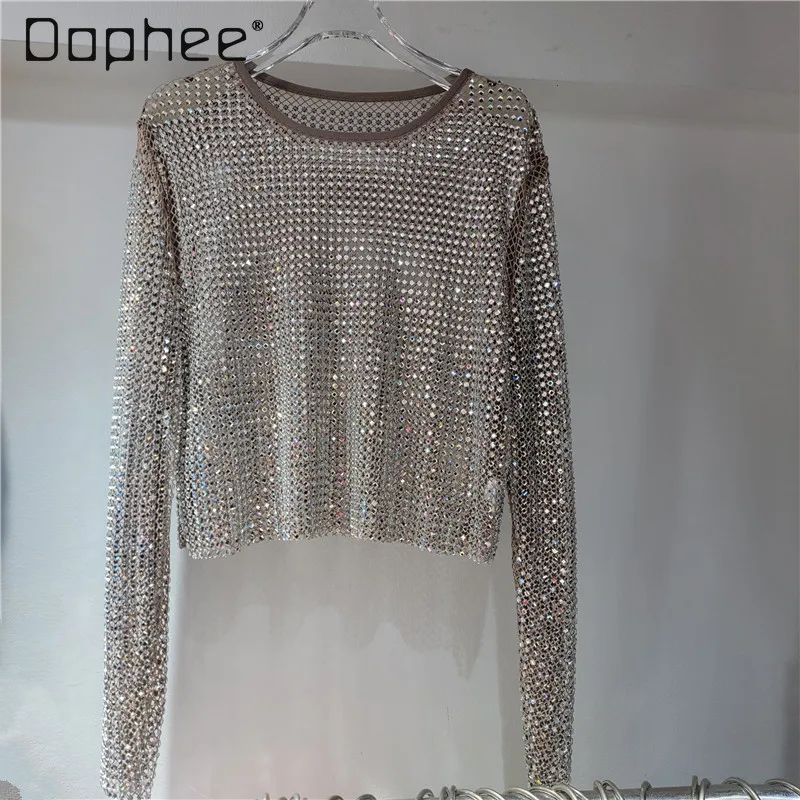 Top de manga larga con cuello redondo y cuentas de diamantes de imitación de gama alta de lujo, ropa interior de estilo de hadas, camisa Base calada brillante, Top Sexy único