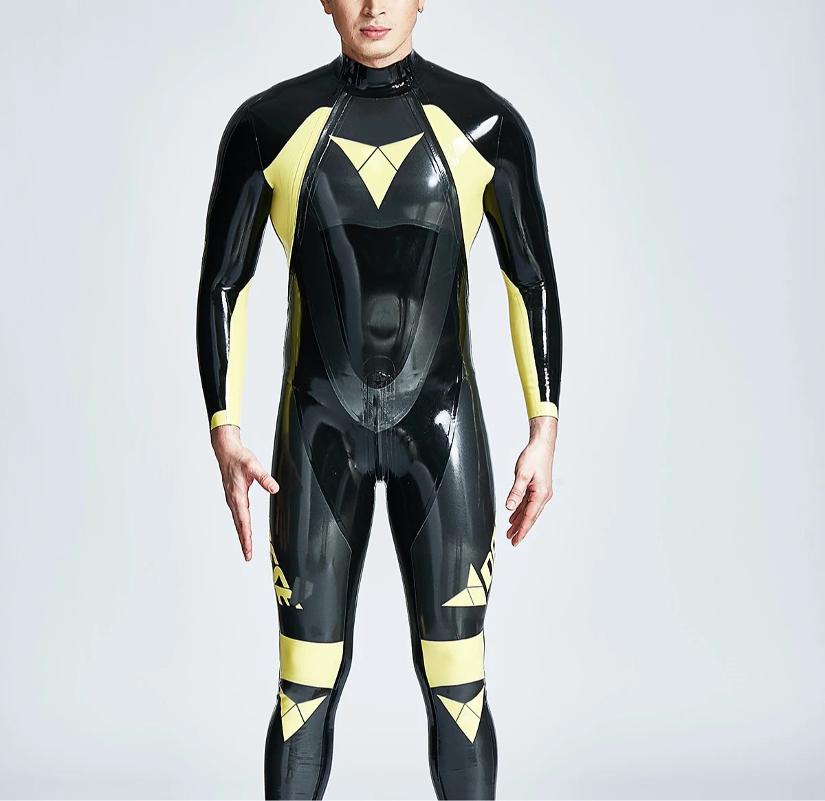 

rubber catsuit men's black latex bodysuit yellow accents full body rubber jumpsuit fashion customized clubwear cosplay