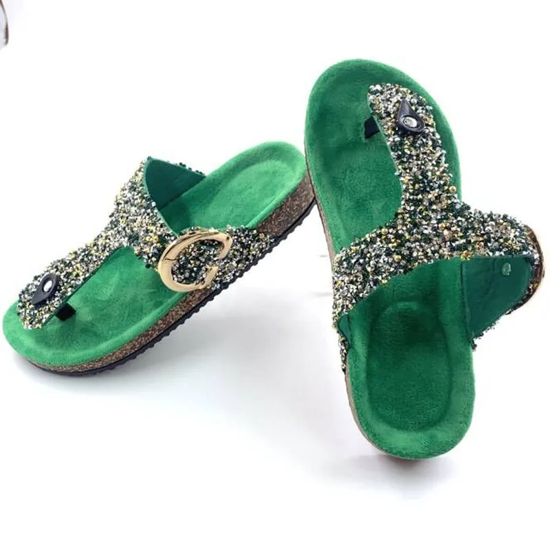 

Женские пробковые шлепанцы с открытым носком и блестками, повседневные шлепанцы со стразами, нескользящие новые пробковые сандалии