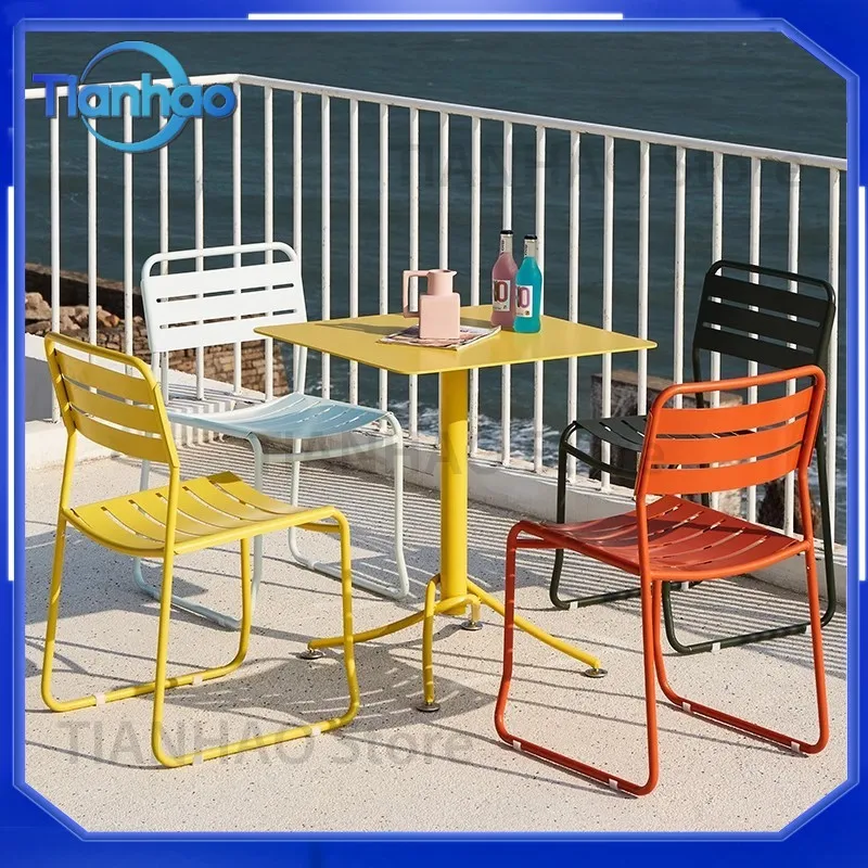 Outdoor Dopamine Table and Chairs Set for Beach Patio Lounge Cafe Music Bar Open Air Dining Table with 4 Chairs