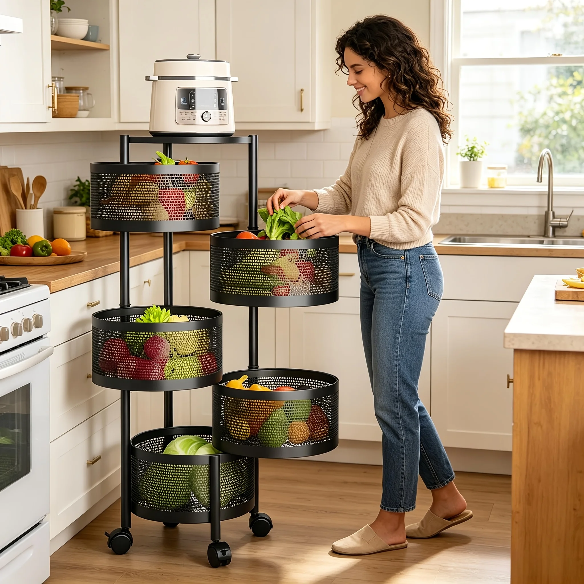 

Kitchen Storage Baskets With Wheels, 5-Tier Round 360° Rotating Storage Cart, No Assembly Mobile Organizer, Space Saving Floor Standing Storage Basket, Multi-Purpose Rolling Bin For Kitchen Pantry Fruits Vegetables Bathroom Bedroom Home Organization