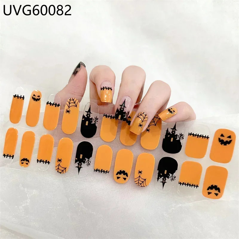 Halloween Skull Pumpkin Semi Cured Gel Nail Polish Strips Full UV/LED Lamp Wraps Fingertip Ashesive Girl Beauty Nails Sticker