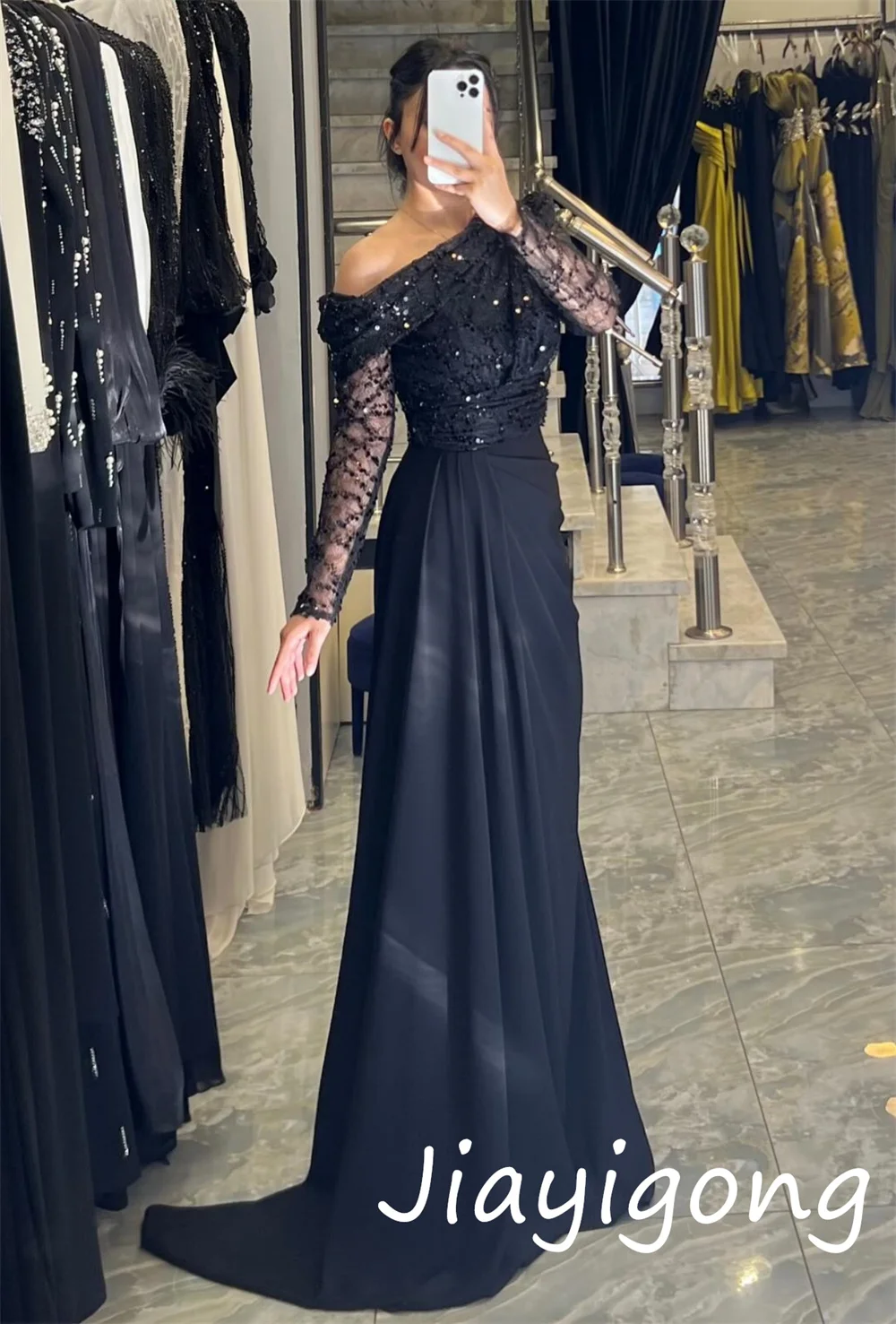 Customized High Quality Jersey Sequined Pleat Trumpet Off-the-shoulderLong Dresses Bespoke Occasion Sparkle