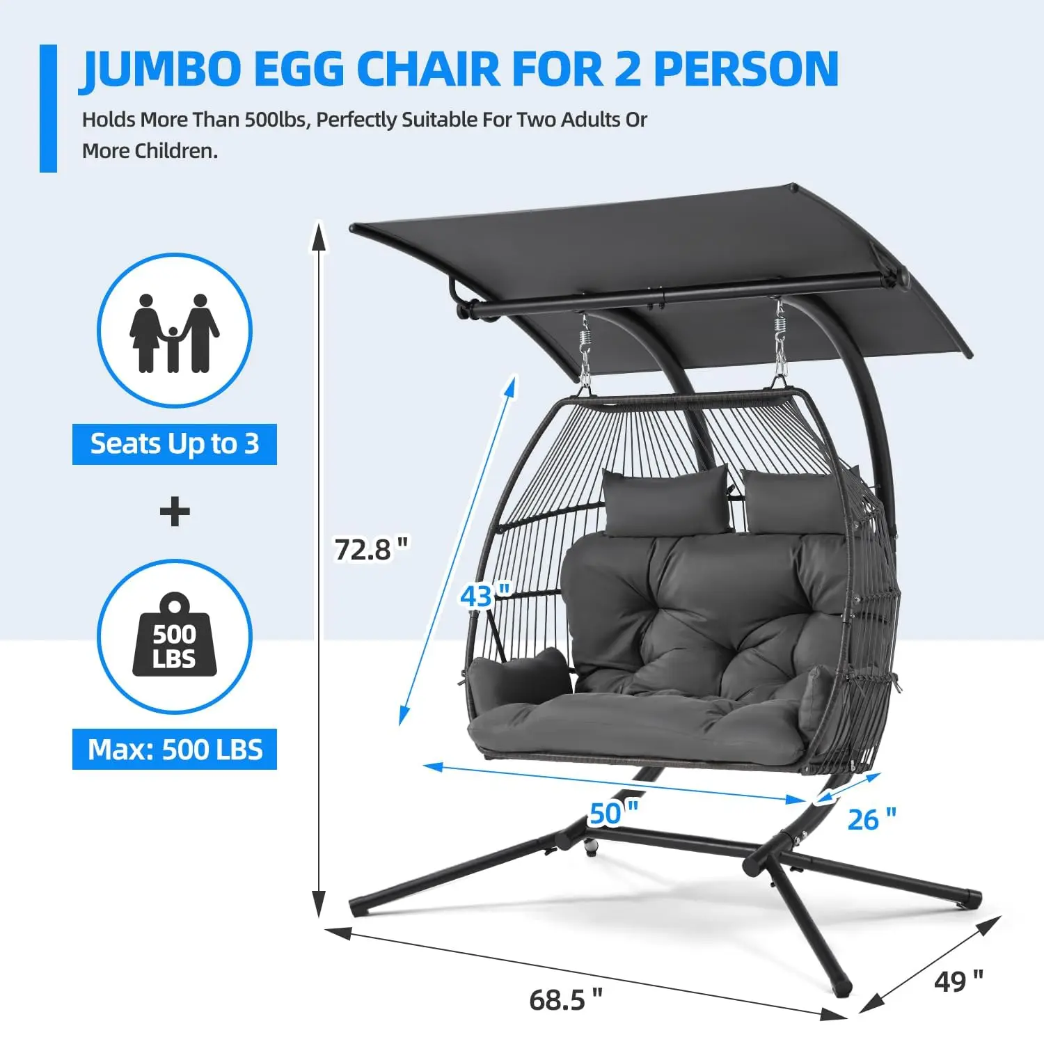 Oversized Hanging Swing Chair with Adjustable Canopy, Double Egg Chair, Hammock Chair with Cushion Basket Hammock, Customized