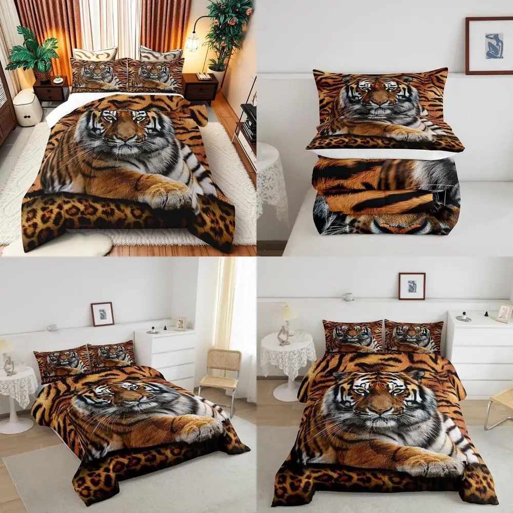 

King Size Tiger 3D Print Comforter Set, Wild Animal Themed Bedding for Kids, Teens & Adults, Plush Breathable Cover with 2 Pillo