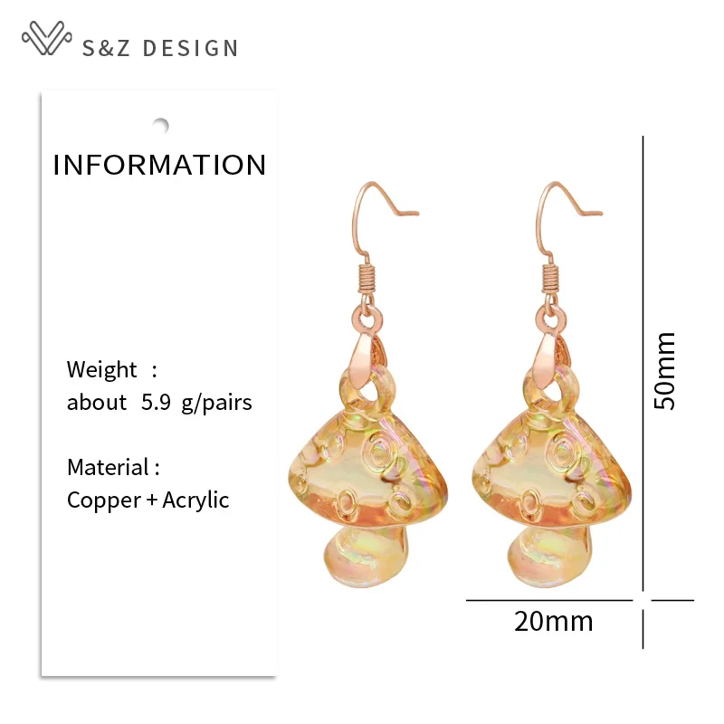 S&Z DESIGN New Fashion Transparent Acrylic Mushroom Dangle Earrings For Girls Women Lovely Jewelry Cute Gift Quality Eardrop