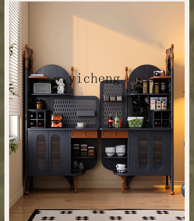 

TQH Solid Wood Sideboard French Retro Living Room Coffee Cabinet Black Vintage Style Wall-Mounted Storage Cabinet