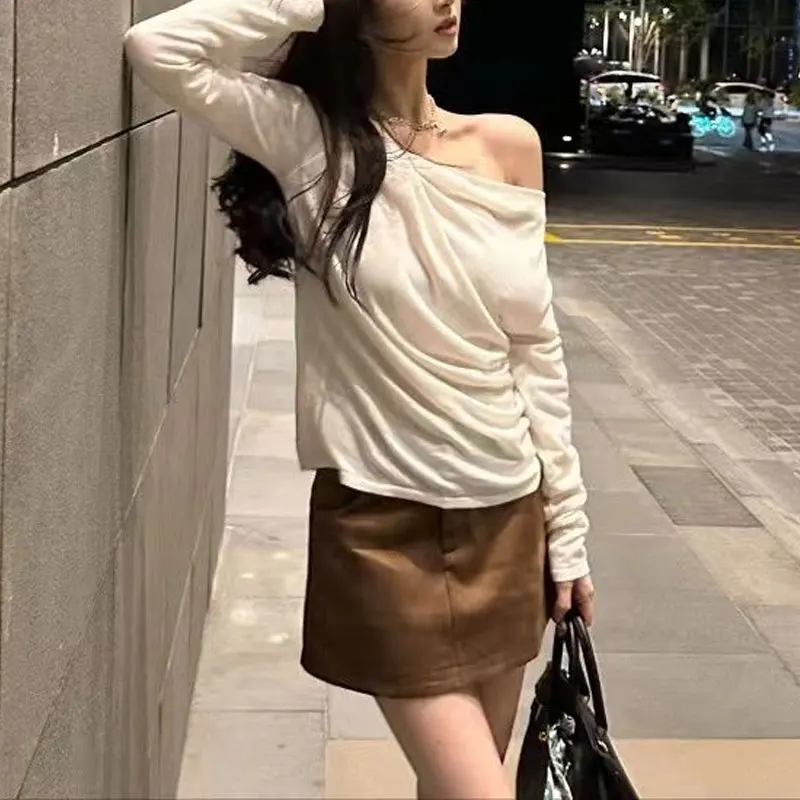 Stylish Folds Asymmetrical Pullovers Female Clothing Solid Color Spring Autumn Long Sleeve Aura Off Shoulder Elegant T-shirts