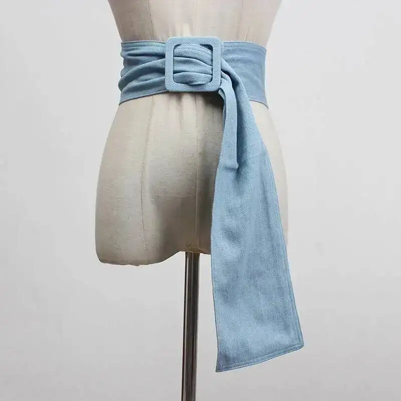 Buckle Big Blue Denim Irregular Split Joint Long Wide Belt Personality Women New Fashion All-match Spring 2026 SZ2Q