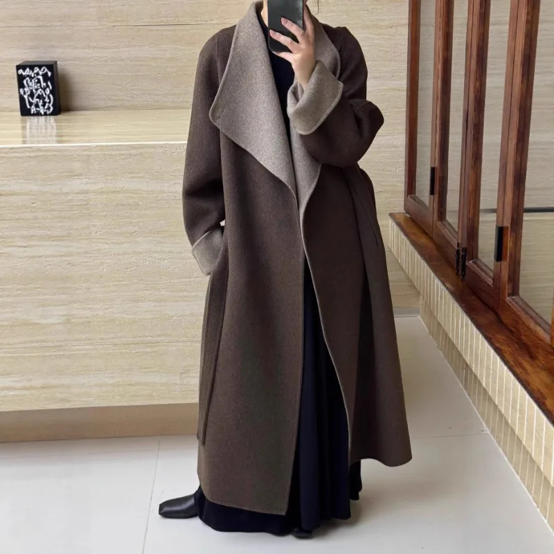 

Двустороннее шерстяное пальто на осень-зиму, удлиненное, повседневное, модное, свободного кроя, однотонное, с большим отложным воротником, верхняя одежда для женщин