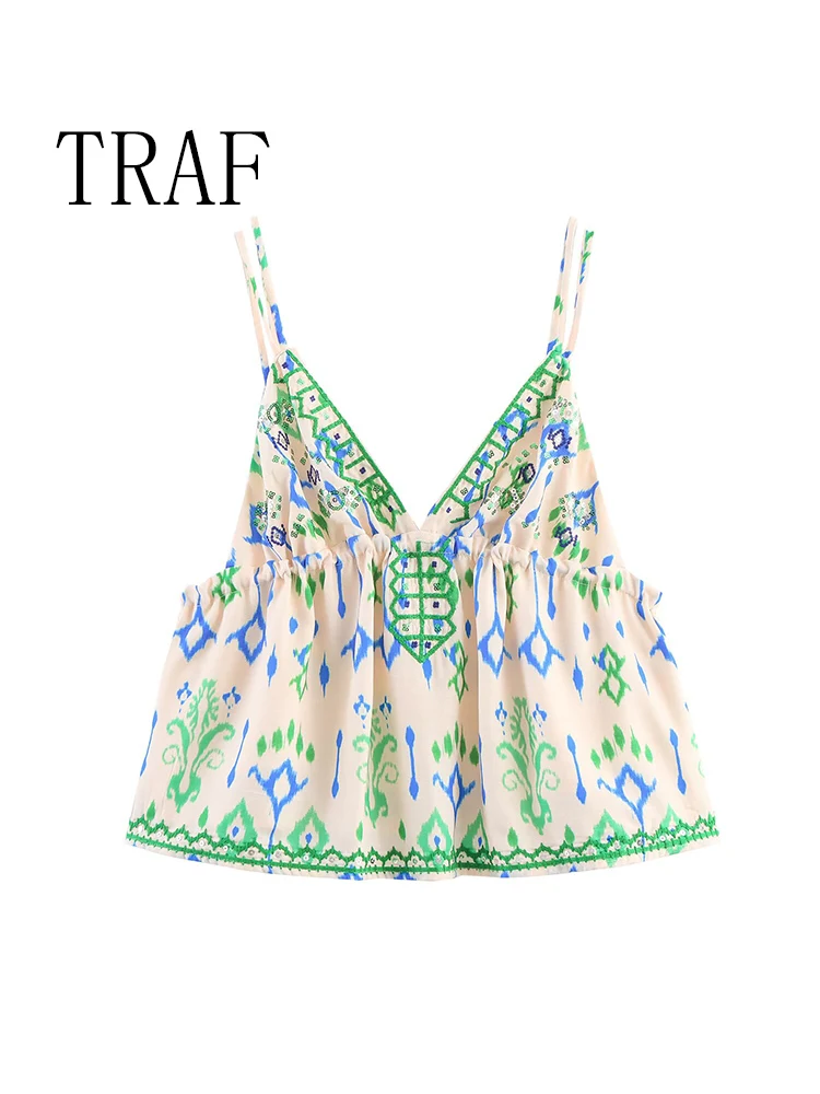 

TRAF женская одежда в европейском и американском стиле, новая мода, универсальные тонкие подтяжки без рукавов с v-образным вырезом и вышивкой блестками