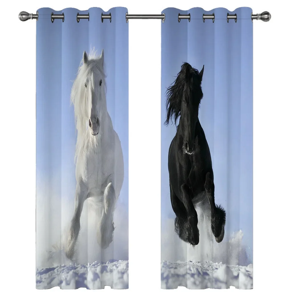 

HUANZHUANG Luxury Living Room Decoration black and white animal horse 3D Cheap Modern Bedroom Winodw Blackout Curtains Set