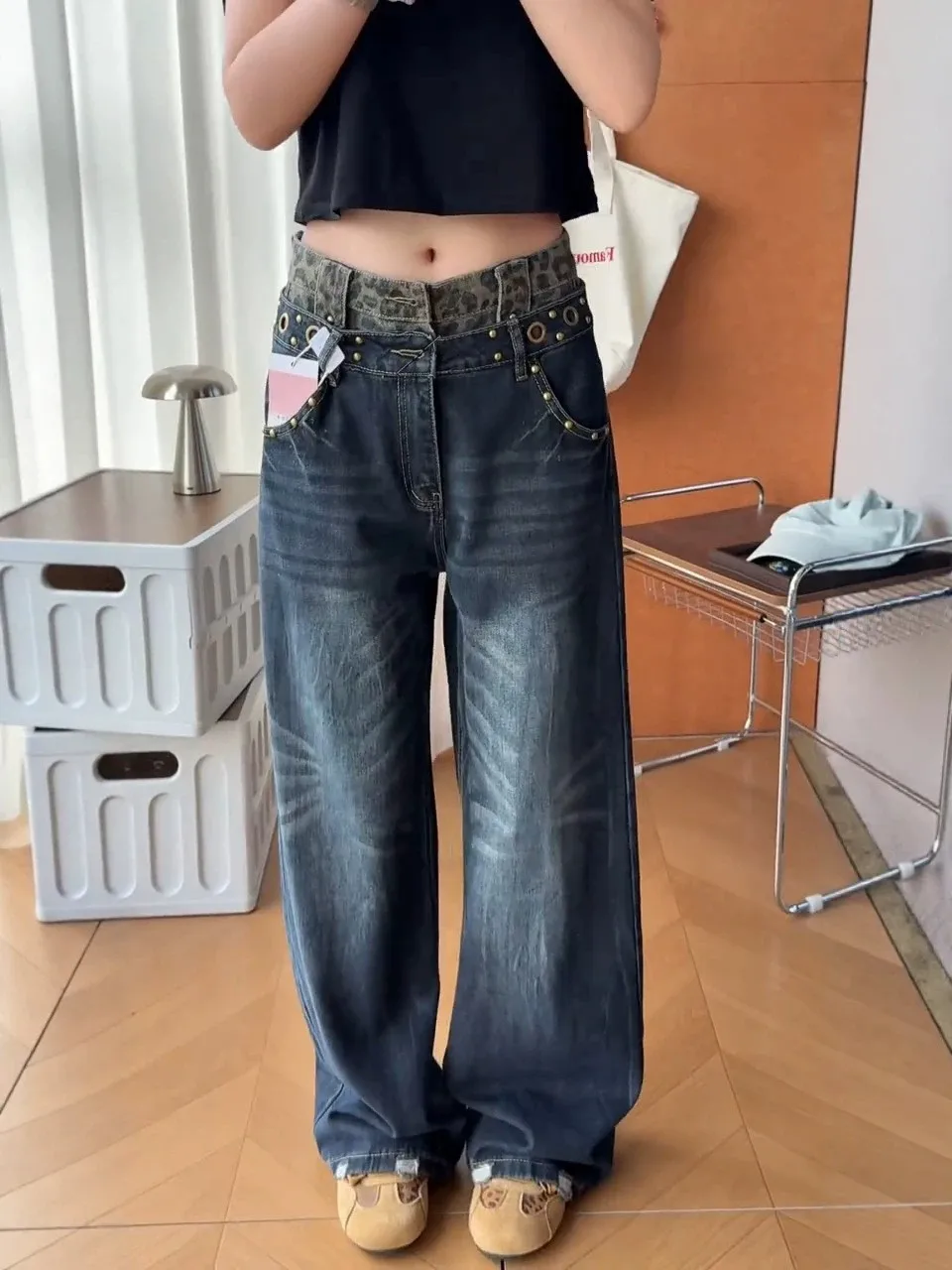 plus Size Vintage Leopard Print Double Waist Denim Jeans Women's Loose Casual Wide Leg Long Pants High Waist Rivet Medium Wash