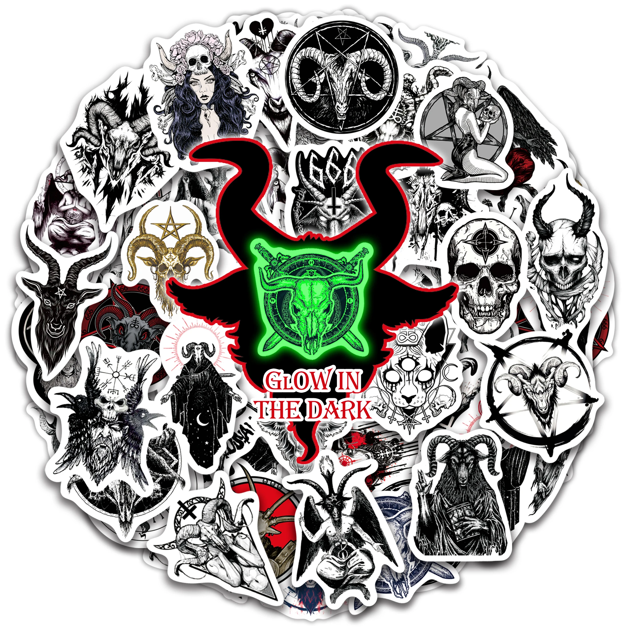 Glow in The Dark Stickers , 51 PCS Skull Evil Satan Waterproof Sticker Laptop Skateboard Phone Case Diy Decoration For Kid Toy