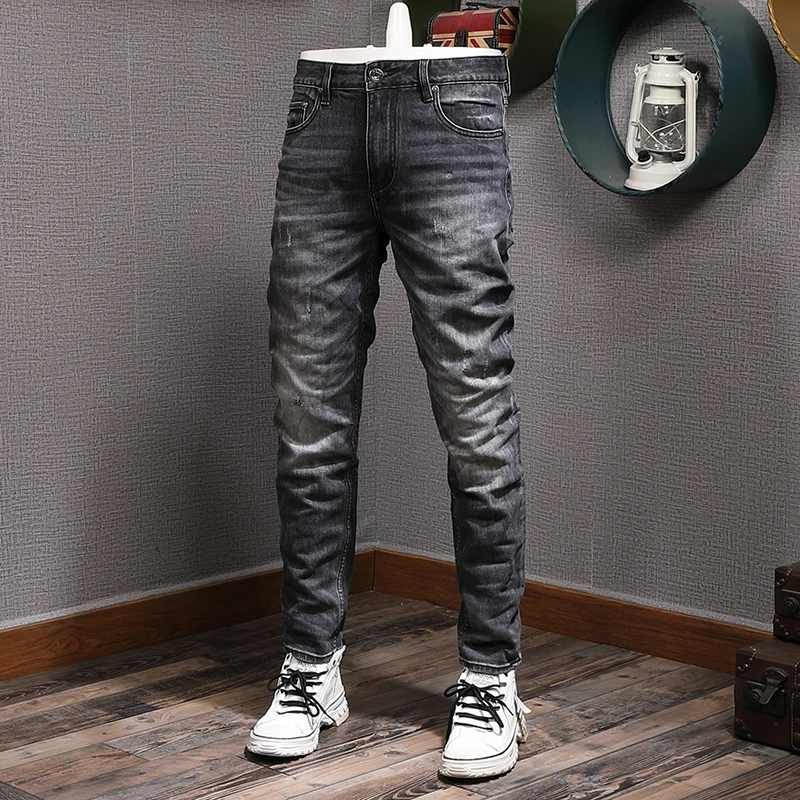 Italian Style Fashion Men Jeans High Quality Retro Black Gray Elastic Slim Ripped Jeans Men Vintage Designer Denim Pants Hombre