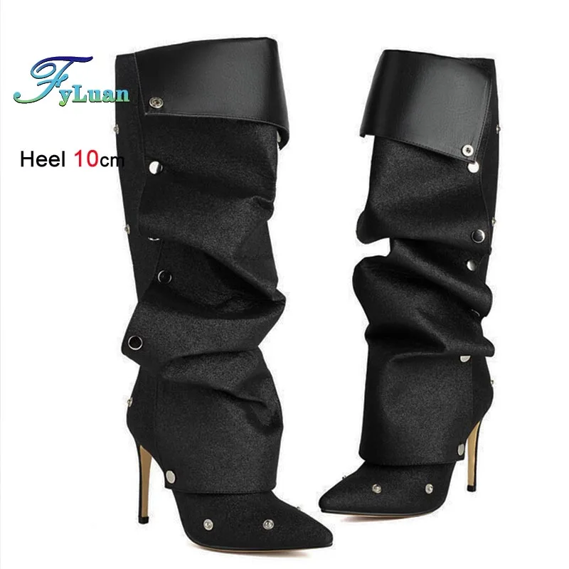 

2025 Woman Knee Length Boots 10cm High Heels Party Nightclub Shoes Fashion Long Boots Rivet Pleated Boots Stiletto Knight Boots