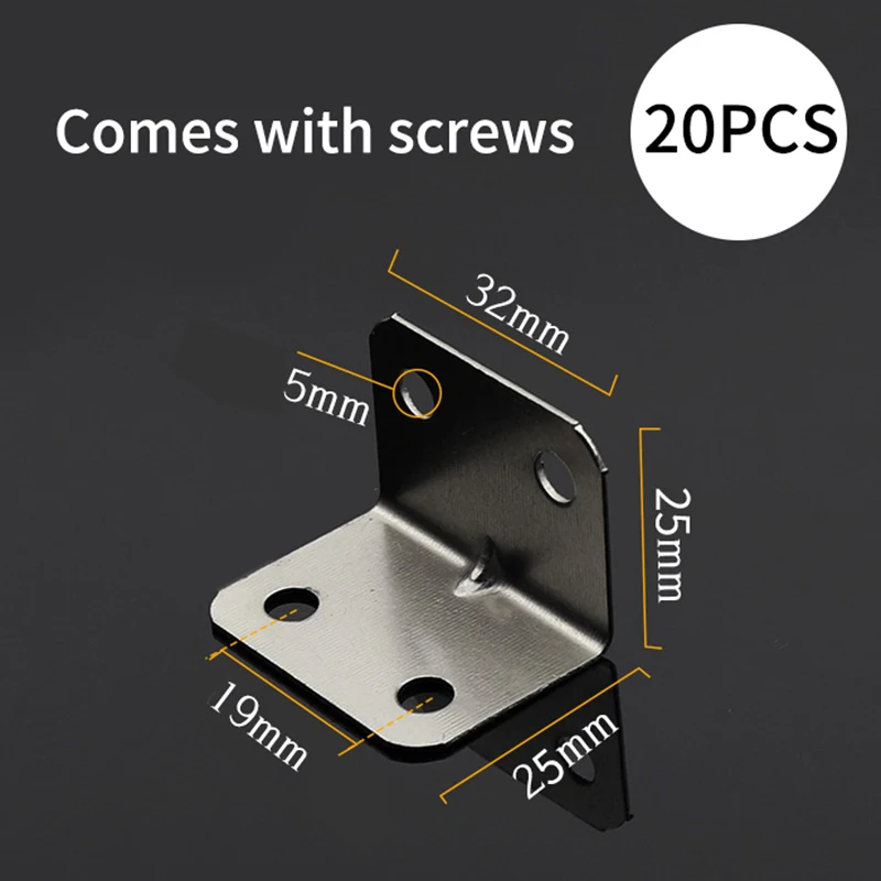 20 Sets with Screws, Stainless Steel Corner Codes, Thickened Fixing L-shaped 90 Degree Partition Board, Furniture Accessories