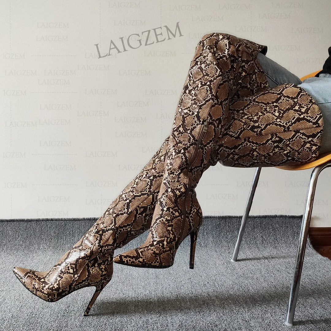 LAIGZEM Women Thigh High Boots V Cut Snake Print Pointed Toe Slim High Heels Over Knee Boots Shoes Woman Big Size 39 41 43 45 47