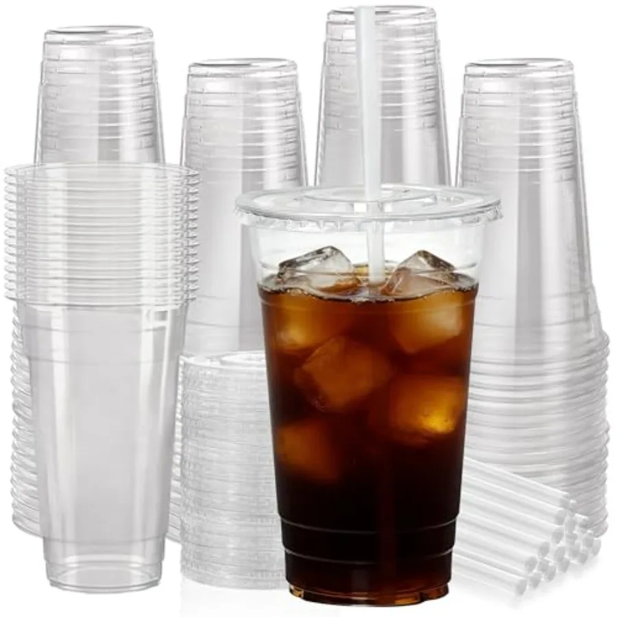

100 Pack 24 oz Clear Plastic Cups with Lids and Straws, [Leak-Proof Snap-Tight Design] Disposable Iced Coffee Cups for Smoothie