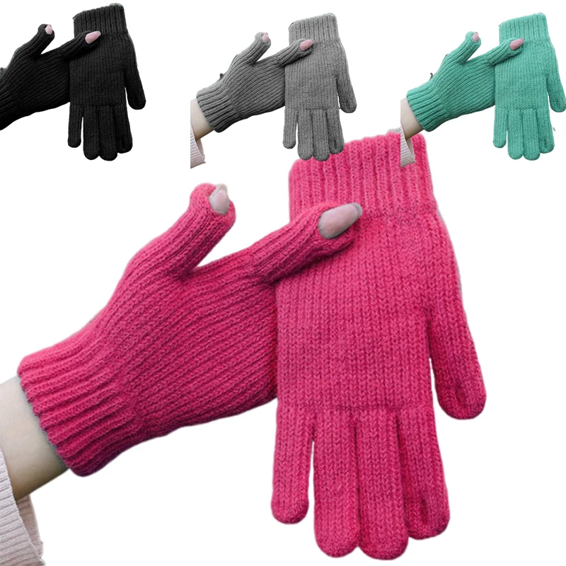 Winter Touch Screen Gloves for Playing Phone Women Thicken Warm Knitted Stretch Gloves Full Finger Outdoor Skiing Gloves