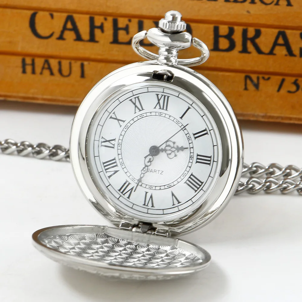 Luxury Silver Quartz Pocket Watch Vintage Pendant for Men Women Necklace Chain Clock Gift Souvenir CF2026