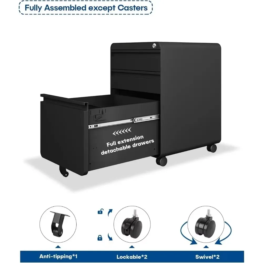 3 Drawer File Cabinet, Metal Filing Cabinets with Lock Wheels, Anti-tilt Under Desk Design, Lockable Rolling Mobile File Cabinet