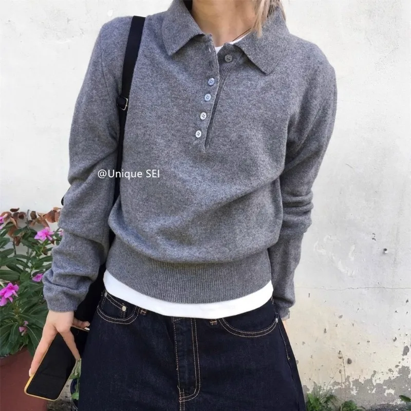 

Воротник-поло на пуговицах, однотонный универсальный свитер с длинными рукавами, женский осенний свитер 2022, новый корейский стиль, свободный повседневный вязаный пуловер