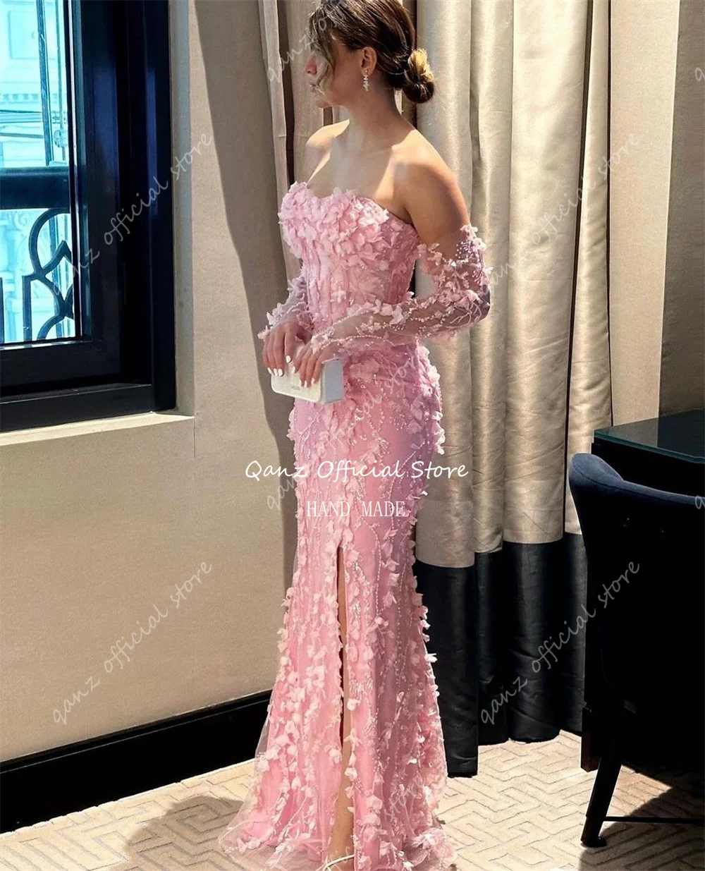 Qanz Luxury Evening Dresses Long Sleeves Flowers Robe Soirée Dubai Mermaid Slit Vestidos De Fiestas Elegantes Mujer Customized