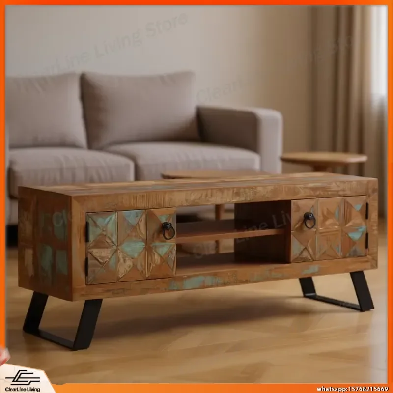 Solid Recycled Wood TV Stand Cabinet with Multicolor Finish Medium Size Living Room Storage Unit Country Style Entertainment