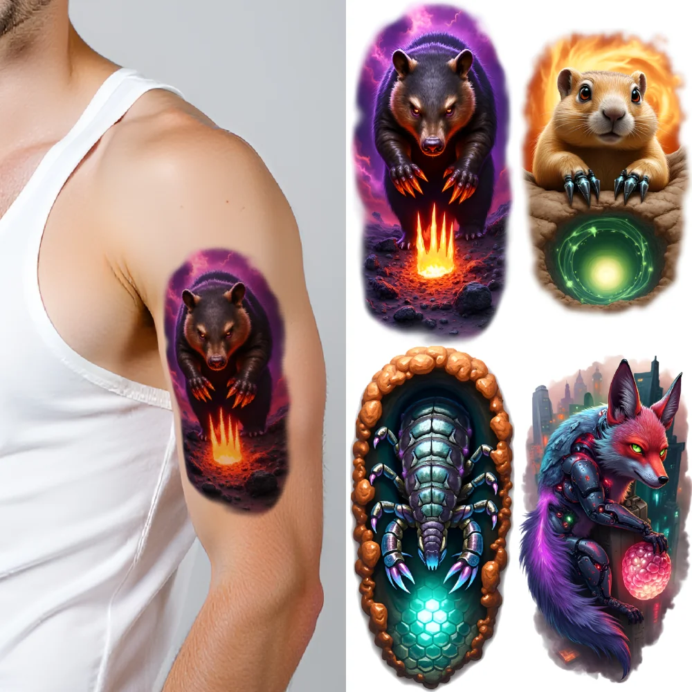 

3pcs Temporary Tattoo Dog Realistic Temporary Tattoos Scorpion Cyber Fox Waterproof Long-lasting Body Stickers Raccoon For Men
