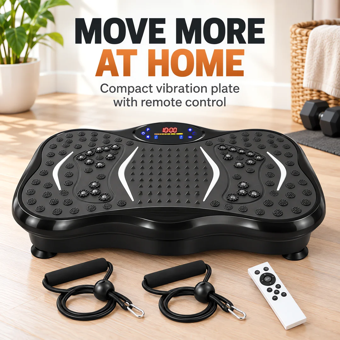 Vibration Plate Exercise Machine, 200W Compact Home Fitness Platform with LCD Panel, Remote Control and 2 Resistance Bands, Black