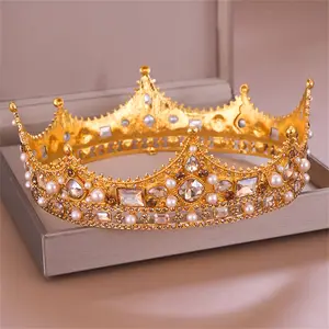 Alloy Crown Tiara Retro Bridal Rhinestone Round Crown Pearl Crystal Decoration For Wedding Bride Prom Party Hair Accessories