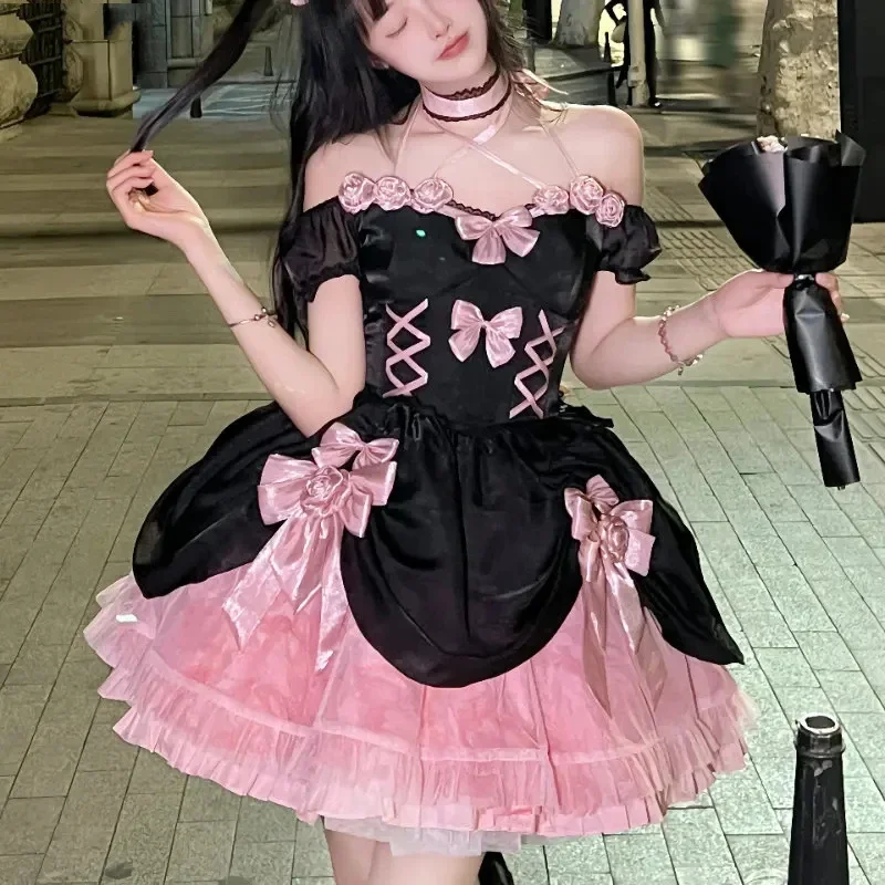 Gaun Lolita Gotik Jepang gaun putri tanpa bahu renda pita beruang lucu merah muda hitam kostum Halloween manis anak perempuan