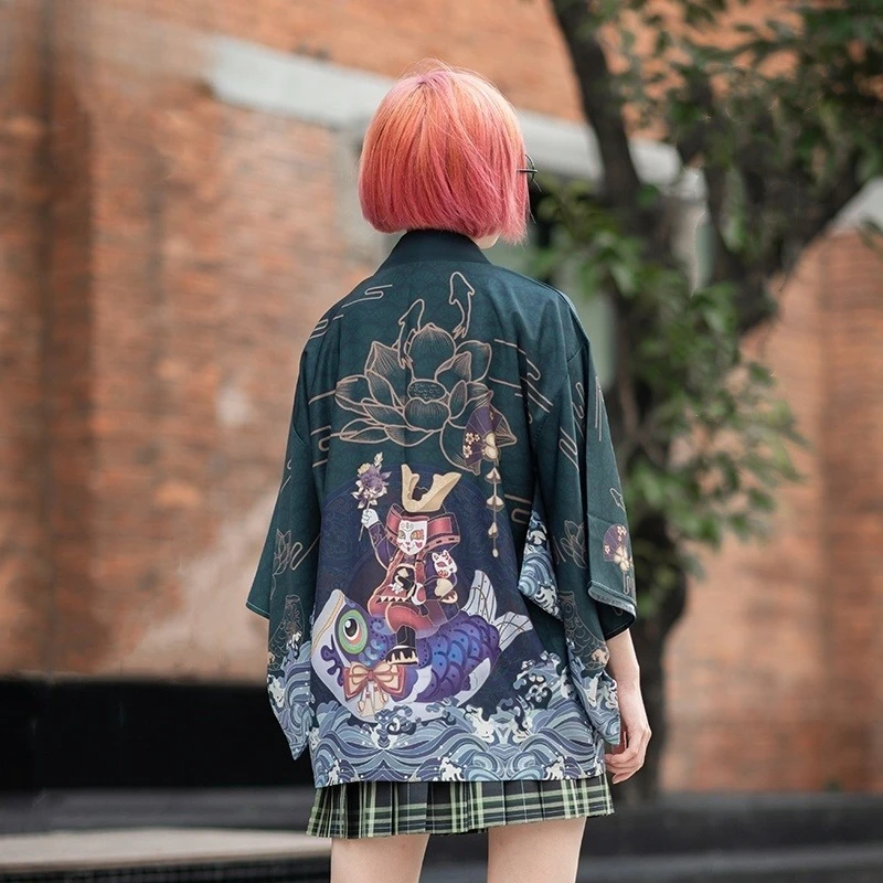 سترة صيفية فضفاضة مطبوعة على شكل زهرة سمك الشبوط اليابانية سترة نسائية كيمونو هاراجوكو تقليدية هاوري كوسبلاي يوكاتا #2