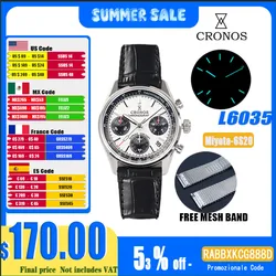 Cronos New Chronograph Quartz Men Watch Miyota 6S20 Black&White Panda Dial Sapphire 10 ATM Tachymetre Leather Strap