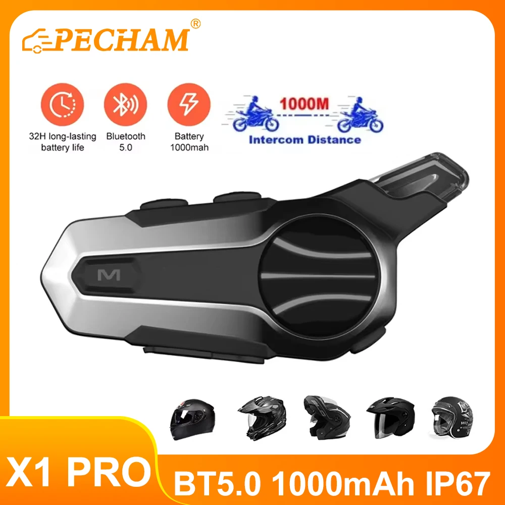 X1 Pro Motorcycle Helmet Intercom Headset Bluetooth Waterproof Moter Interphone for 2 Riders 1000M Interphone Helmet Bluetooth