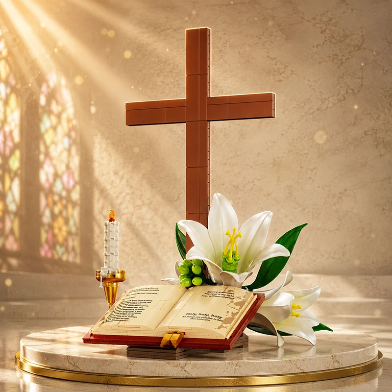Ensemble de blocs de construction MOC Croix de la Sainte Bible Fleur de lys, Décoration de bureau religieuse Jésus, Modèle 3D DIY, Jouets de puzzle en briques, Cadeaux de Pâques