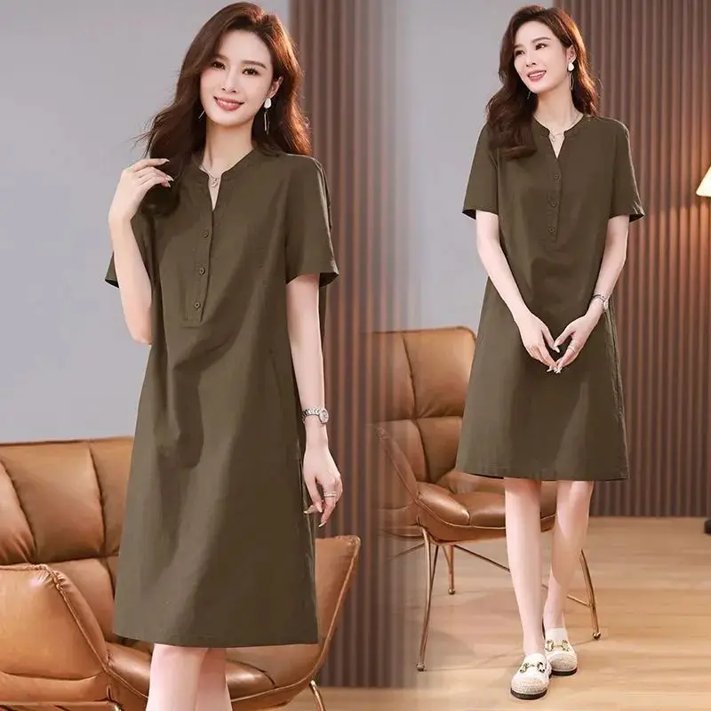 

plus Size Maternity Dress V-Neck Short Sleeve Mid-Length A-Line Skirt Conceals Belly Slimming Effect Summer New Style Women