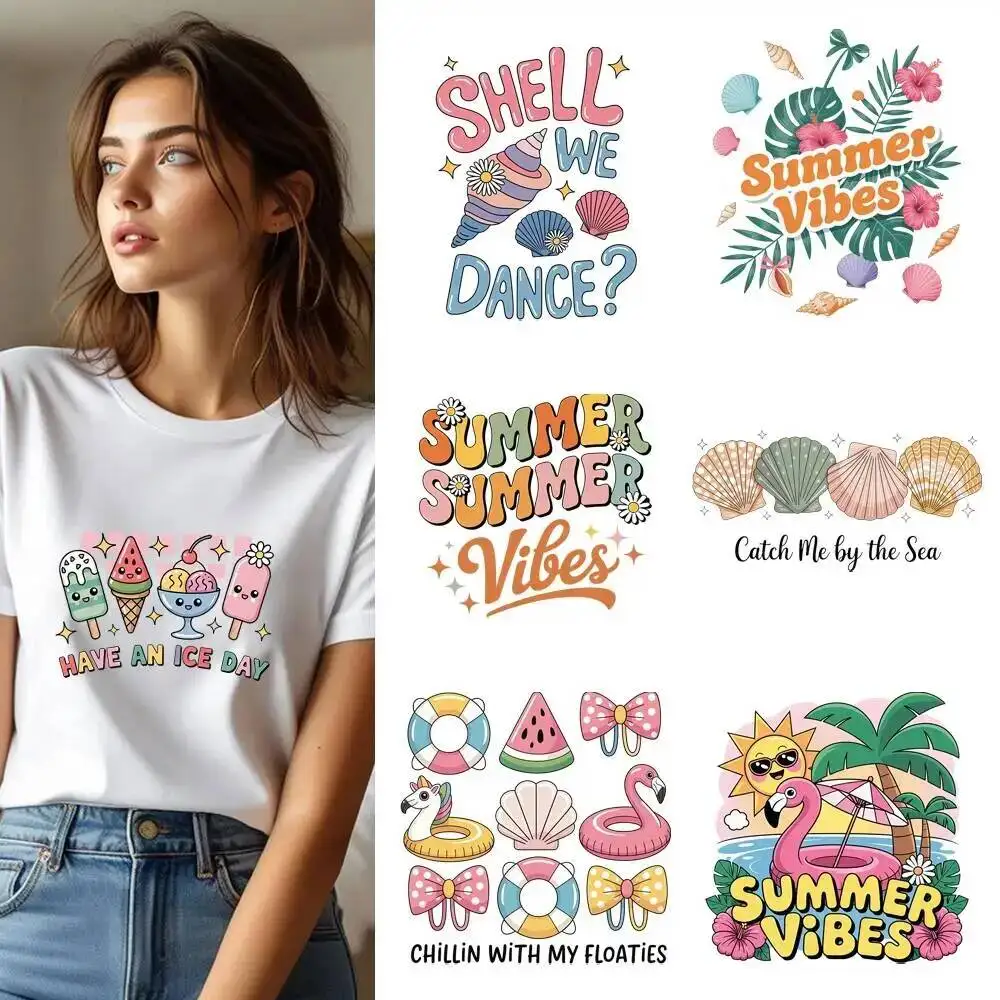 25CM Summer Sun Vibes Shell Conch Starfish Heat Transfer Patches For Clothes DIY A-Level Washable Shirt Iron-on Thermal Sticker