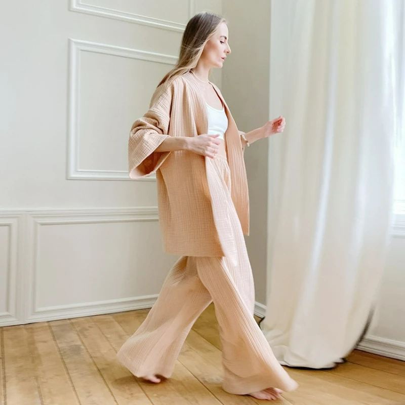 New Item Pure Cotton Casual Set for Women. Autumn Loose Double Layered Gauze Shirt Long Pants. Two-piece Set for Women's Wear.