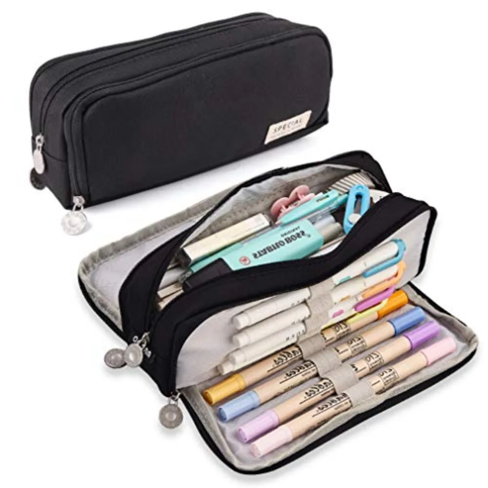 مقلمة بسيطة ذات سعة كبيرة مزدوجة الجانب مع 3 مقصورات منظم قرطاسية حقيبة قرطاسية محمولة للطلاب