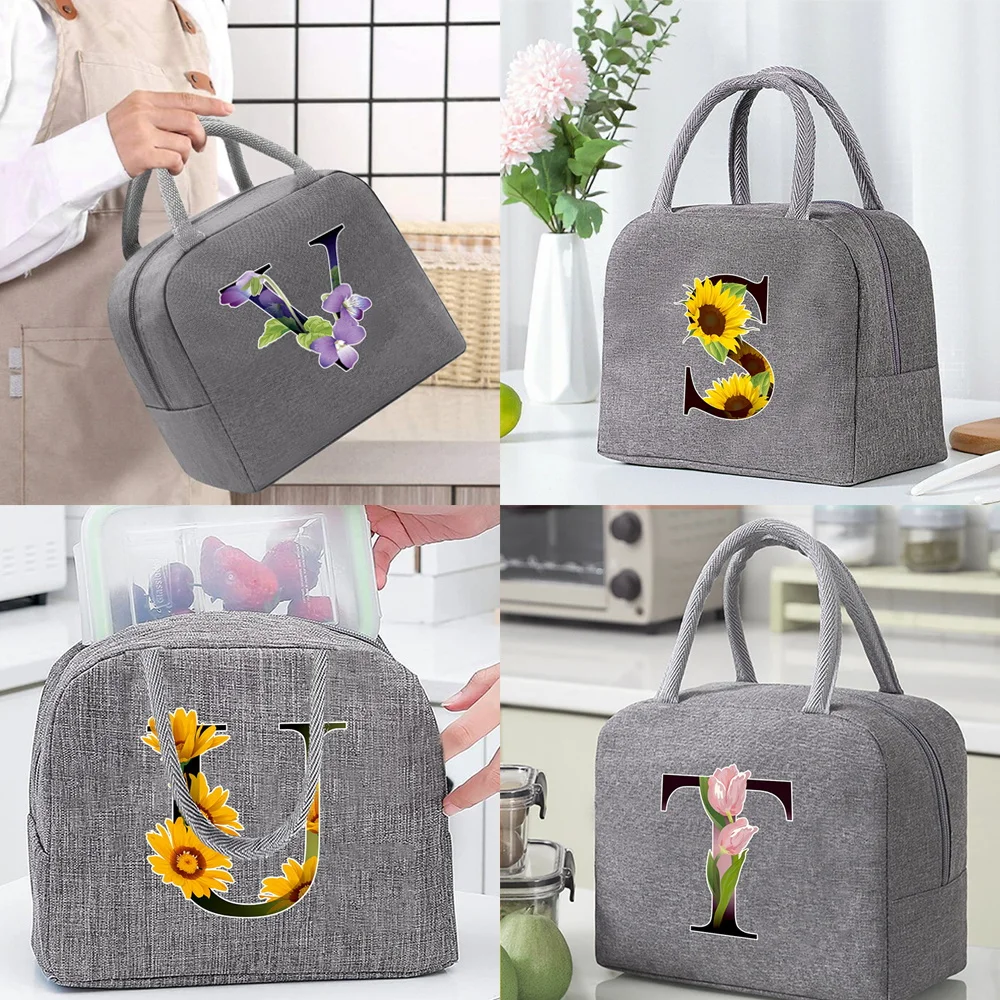 Cooler Bag for Women Insulated Thermal Food Picnic Lunch Box School Child Tote Lunch Bags for Work Flower Color Letter Pattern