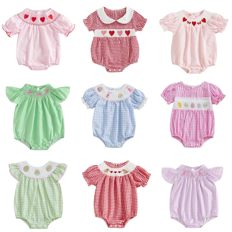 Baby Girls Rompers Easter/Valentines Clothes Summer Cute Heart/Bunny Embroidery Plaid Flying Sleeve Smocked Crew Neck Jumpsuit