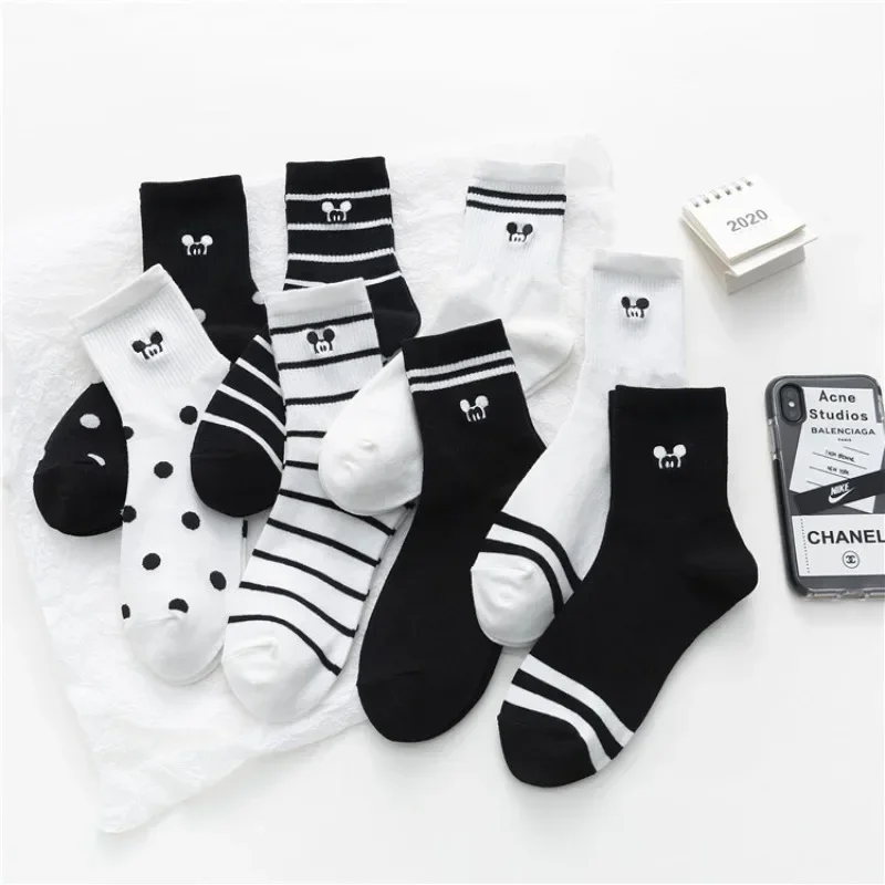 Disney Mickey Mouse Fashion Women Socks Street Hip Hop Skateboard Striped Mid Tube Socks Breathable Cute Cartoon Cotton Socks