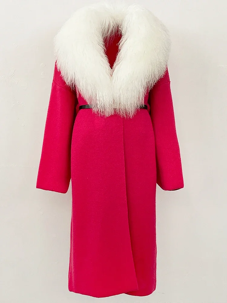 2025 겨울 가디건 여성용 진짜 몽골 양털 스웨터 롱 웜 벨트 의류 여성 패션 트렌디 의류