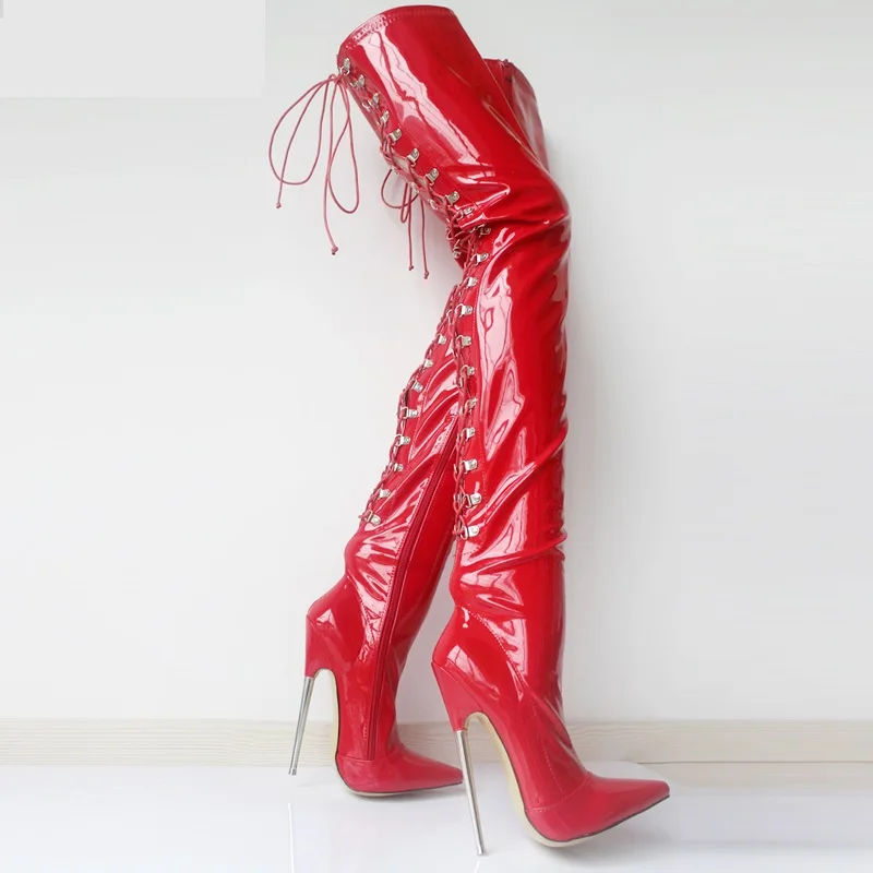 FHC 18cm High Heels Women Thigh Boots,Fetish Stage SHow Pole Dance Shoes,Men Cosplay Botas,Over The Knee,Red,Customized Colors