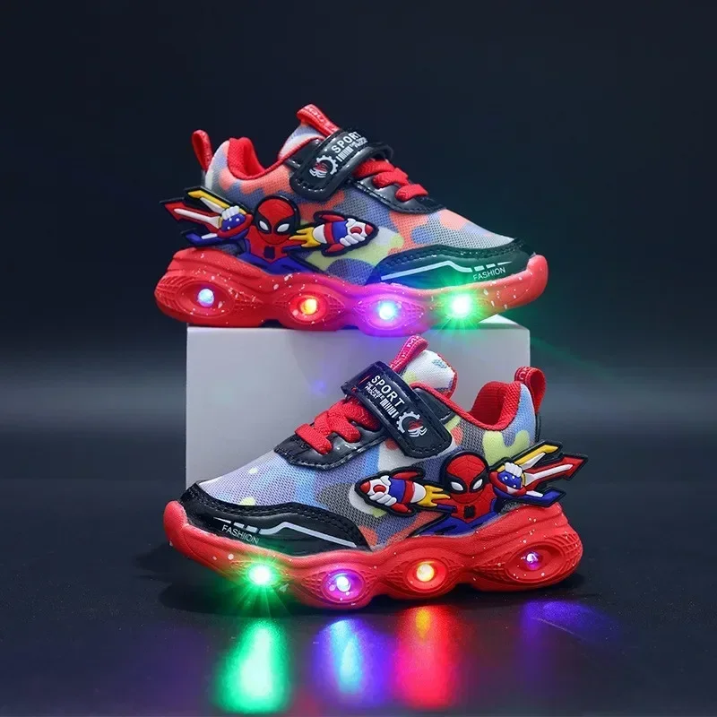 Disney Spiderman Children\'s Led Light Glowing Sneakers Fashion for Boys Girls Kids Shoes Up Breathable Sports Running Shoes