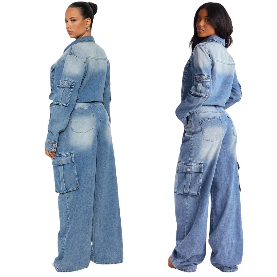 

Waed Vintage Workwear Overalls High Waist Wide Leg Pants Multiple kets Large Size Jeans Rer for Taller Women